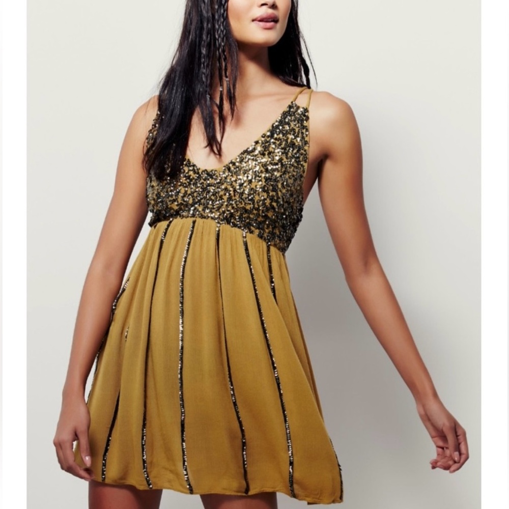 FREE PEOPLE Glitter Girl Slip Dress - Gold • Small